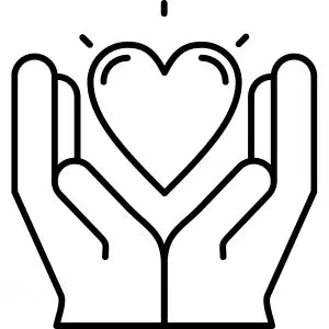 A black-and-white line drawing of two hands gently cradling a heart shape, with radiating lines above it.