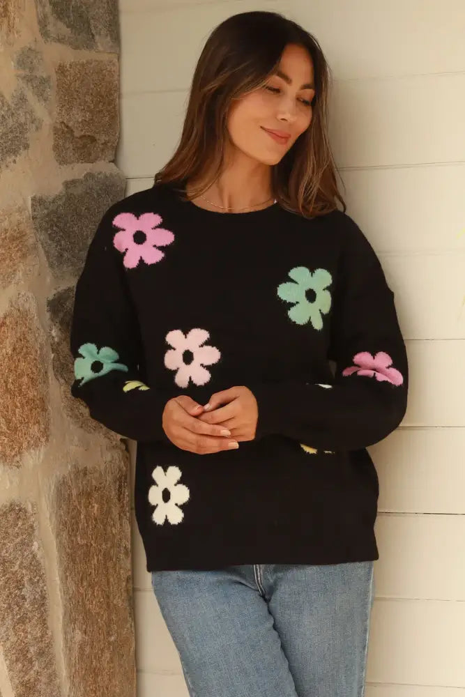 Black Flower Knit ~ Kgari Medium Cardigan