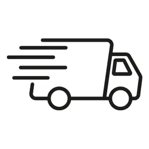 Black line-art delivery truck icon with motion lines indicating speed.