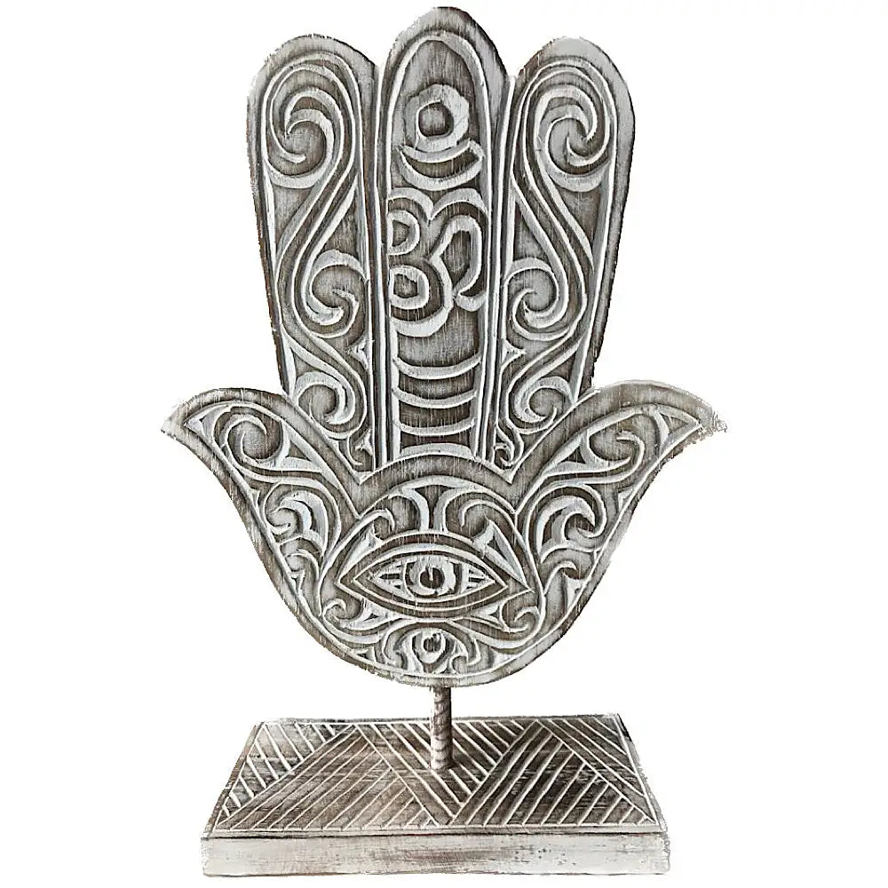 Boho Coastal Hasma Hand Wood on Stand hamsa hand