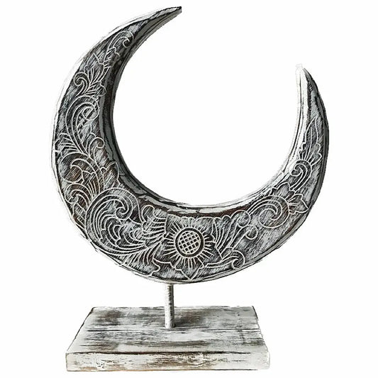 Boho Coastal Moon Wood on Stand Home Decor