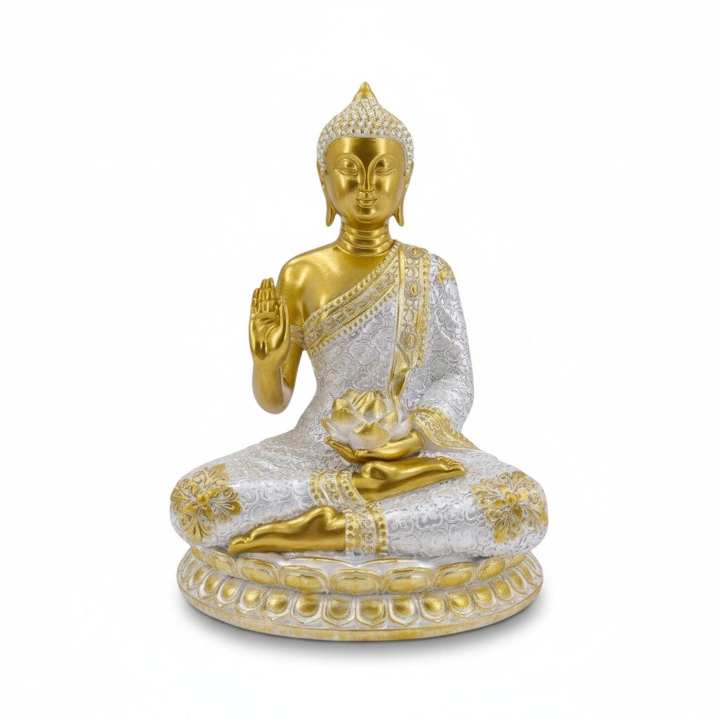 Sitting Rulai Buddha Statue Holding Lotus Flower in Pearlized Finish