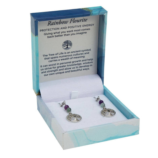 Rainbow Fluorite with Rhodium Plated Tree of Life Charm Duo Earrings