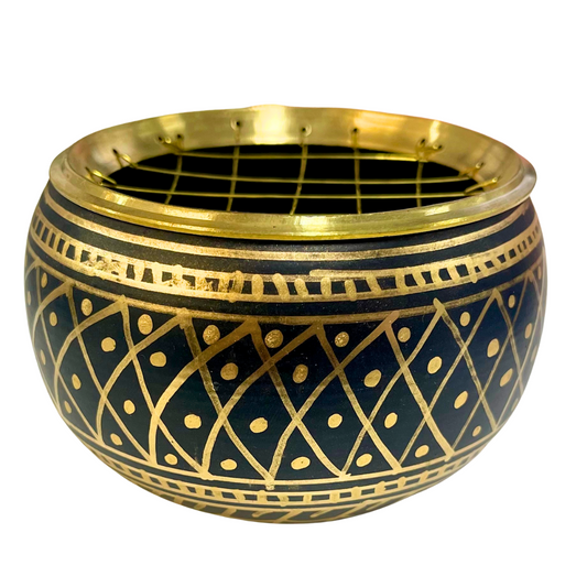 Incense Charcoal Burner BLACK BRASS ROUND ETCHED w Brass Grid