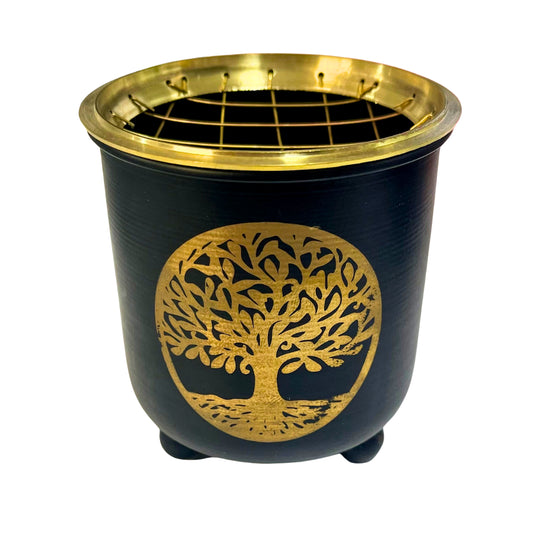 Incense Charcoal Burner BLACK GOLD TREE OF LIFE w Brass Grid