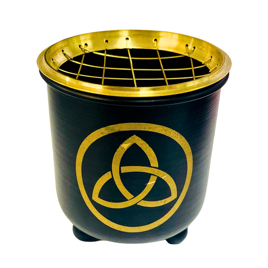 Incense Charcoal Burner BLACK GOLD TRIQUETRA w Brass Grid