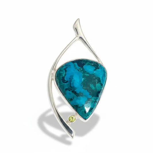 Chrysocolla & Peridot Teardrop Aztec Pendant Silver Pendant