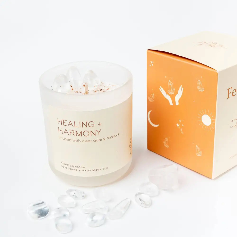 Clear Quartz Candle - HEALING AND HARMONY - Vanilla & Sandalwood: Glass (comes in a box) crystal candle