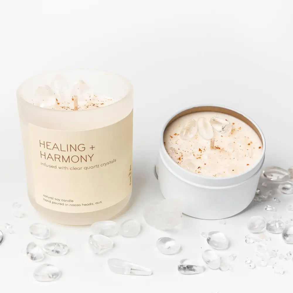 Clear Quartz Candle - HEALING AND HARMONY - Vanilla & Sandalwood: Glass (comes in a box) crystal candle