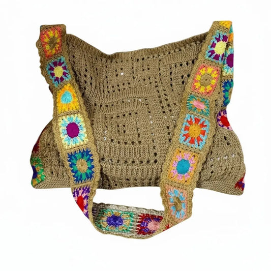Crochet Handbag Natural With Coloured Shoulder Strap Bag