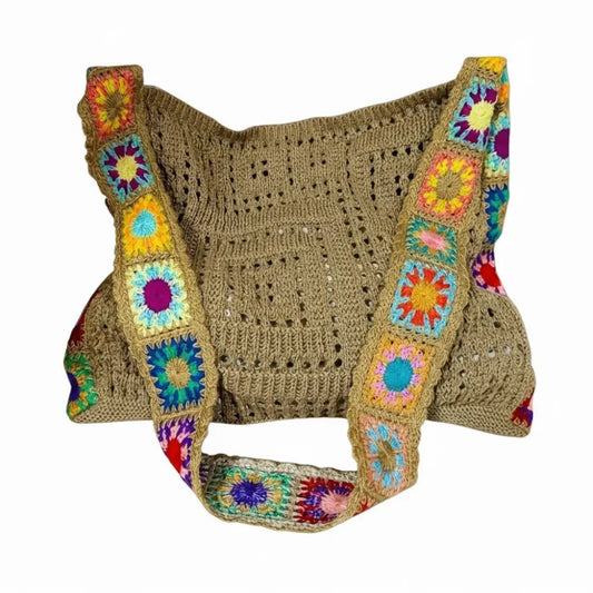 Crochet Handbag Natural With Coloured Shoulder Strap Bag