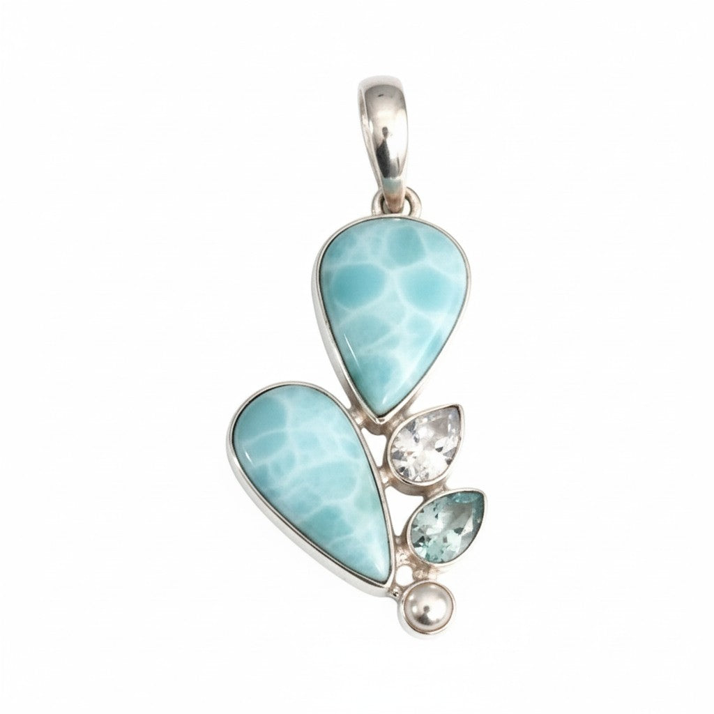 Multi Larimar, Clear Quartz, Blue Topaz and Biwa Pearl Pendant SS