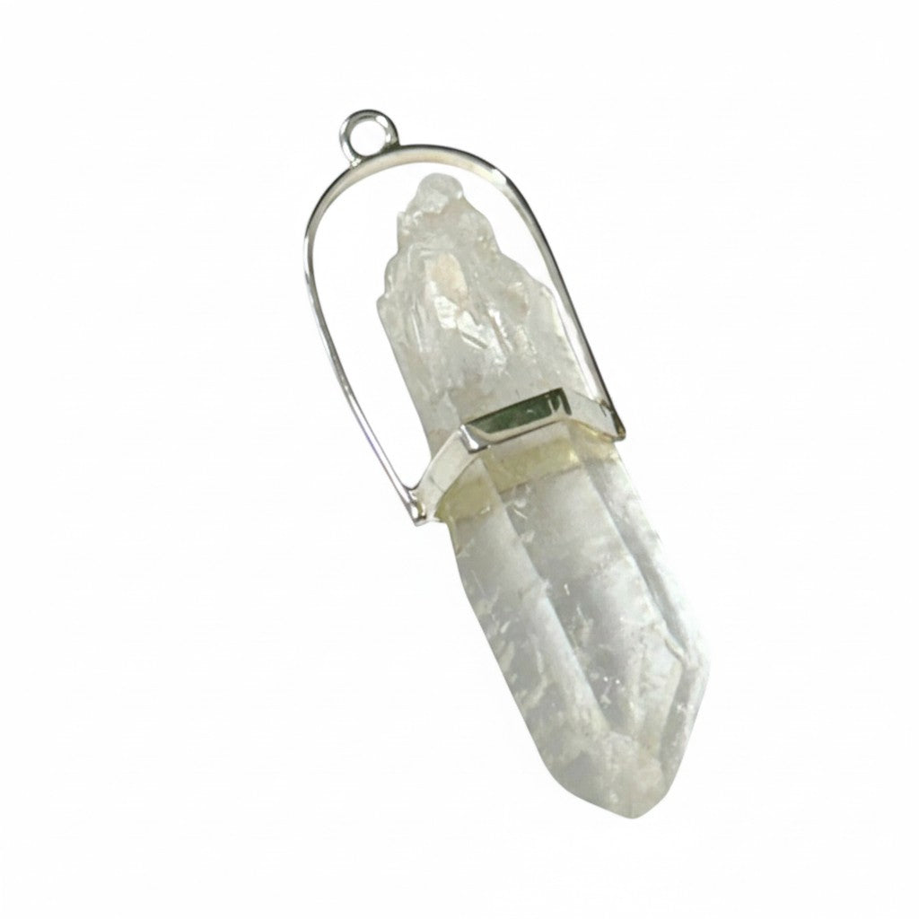 Clear Quartz Halo Set Rough Pendant in Silver