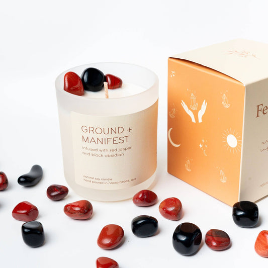 Black Obsidian & Red Jasper Candle - GROUND AND MANIFEST - Lemongrass Ginger: Glass (comes in a box)