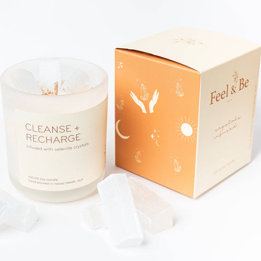 Selenite Candle - CLEANSE AND RECHARGE - Vanilla, Patchouli & Sandalwood: Glass (comes in a box)