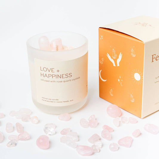 Rose Quartz Candle - HAPPINESS AND LOVE - Japanese Honeysuckle: Glass (comes in a box)