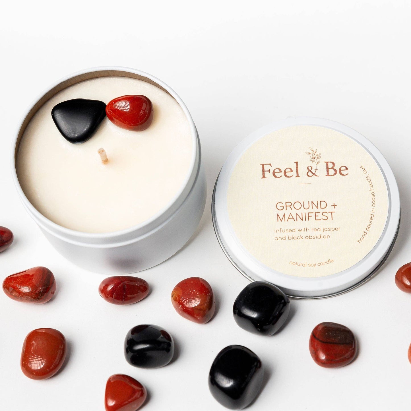 Black Obsidian & Red Jasper Candle - GROUND AND MANIFEST - Lemongrass Ginger: Glass (comes in a box)