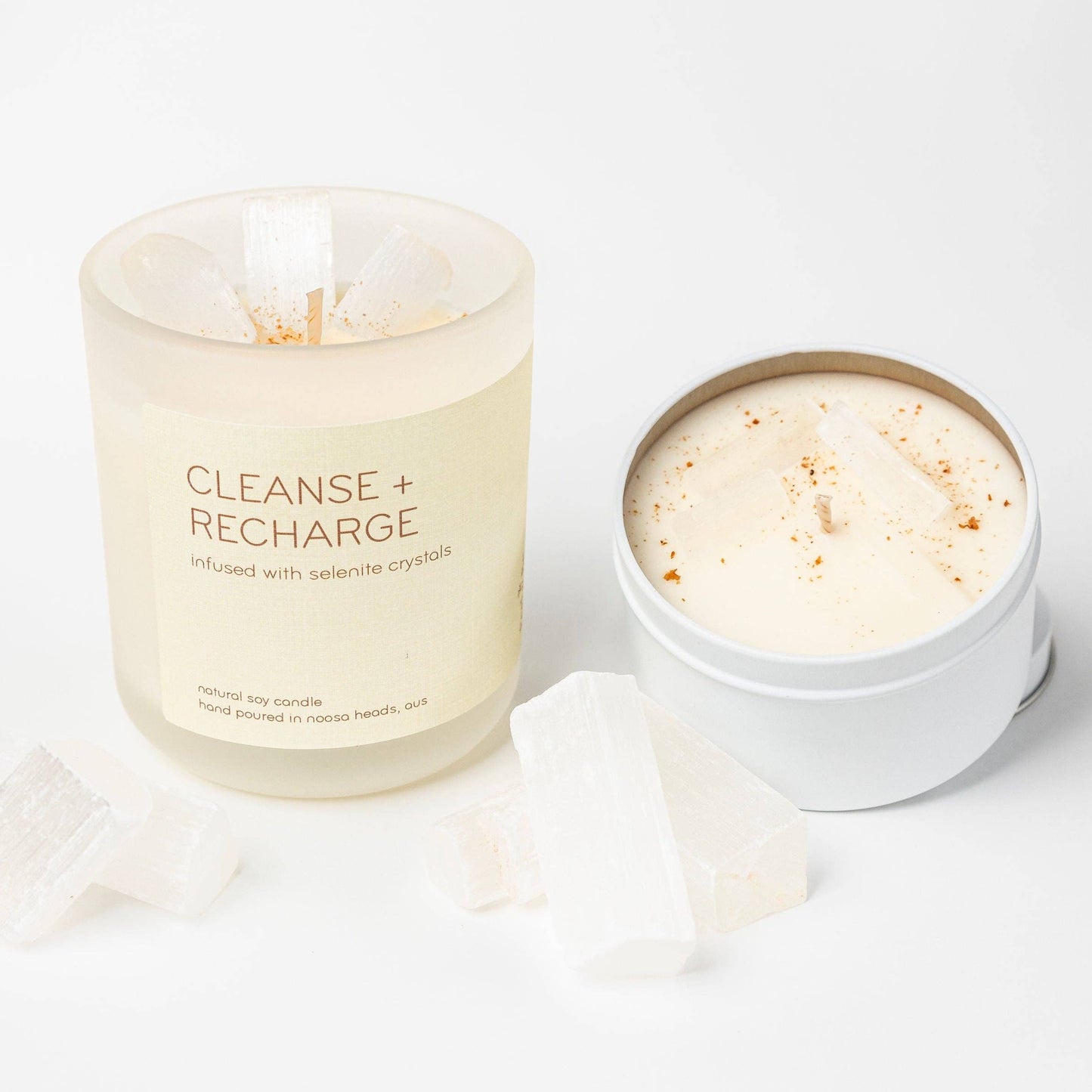 Selenite Candle - CLEANSE AND RECHARGE - Vanilla, Patchouli & Sandalwood: Glass (comes in a box)