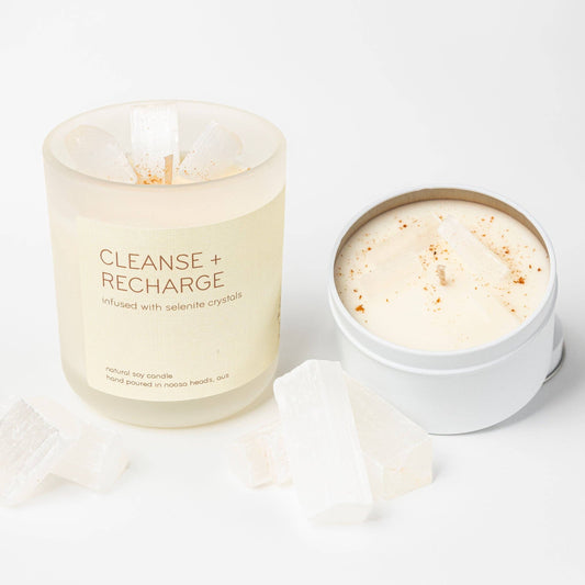 Selenite Candle - CLEANSE AND RECHARGE - Vanilla, Patchouli & Sandalwood: Glass (comes in a box)