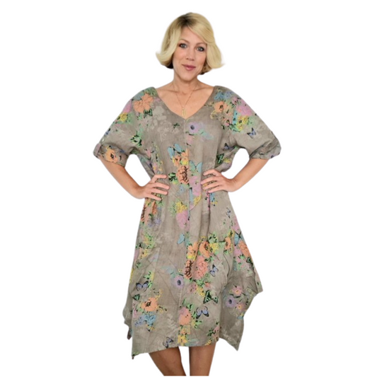 Italian Linen- MOCHA BUTTERFLY DOUBLE V-NECK DRESS