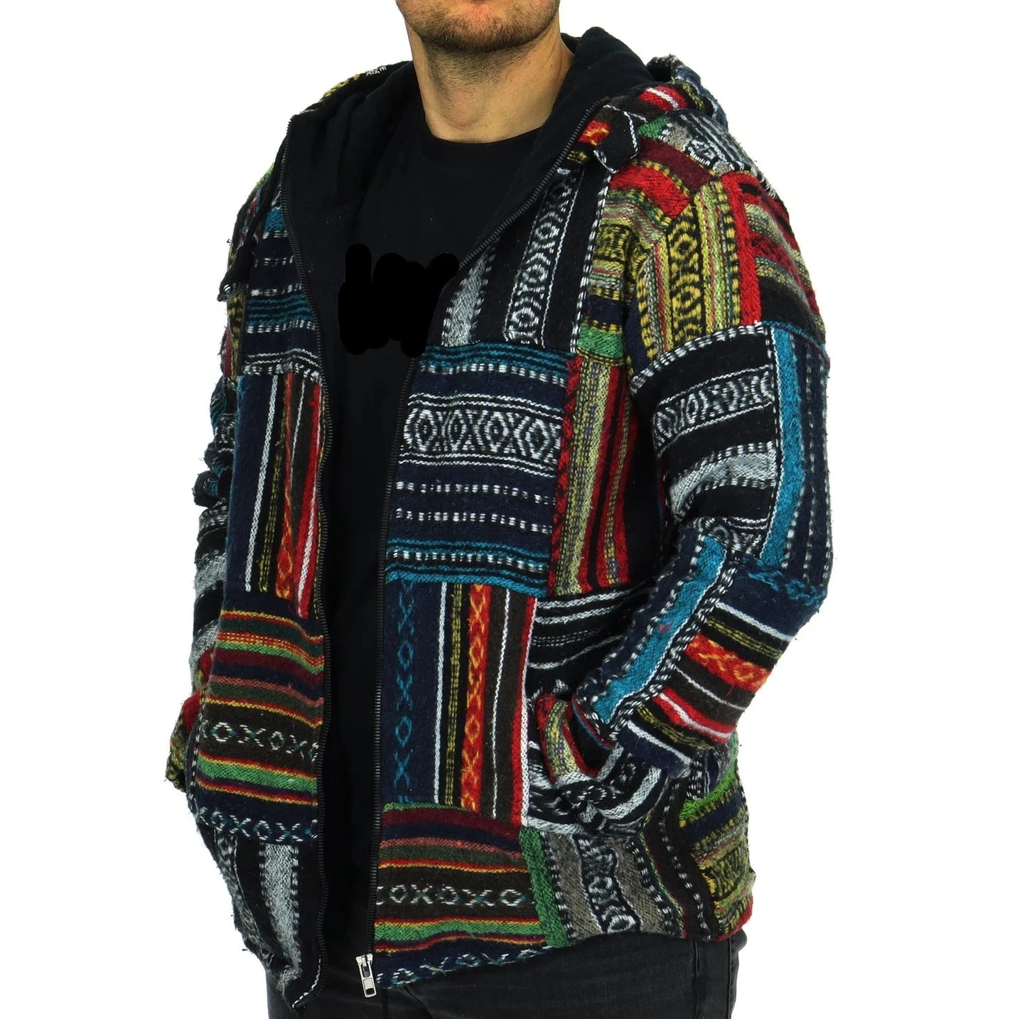 PATCHWORK GHERI COTTON HOODIE WITH FLEECE LINING