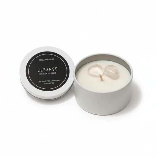 CLEANSE Intention Soy Candle Tin:- Clear Quartz / Wild Lemongrass