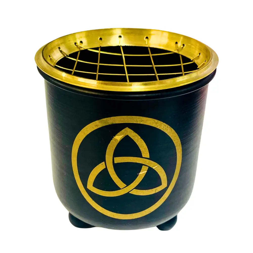 Incense Charcoal Burner BLACK GOLD TRIQUETRA w Brass Grid Incense