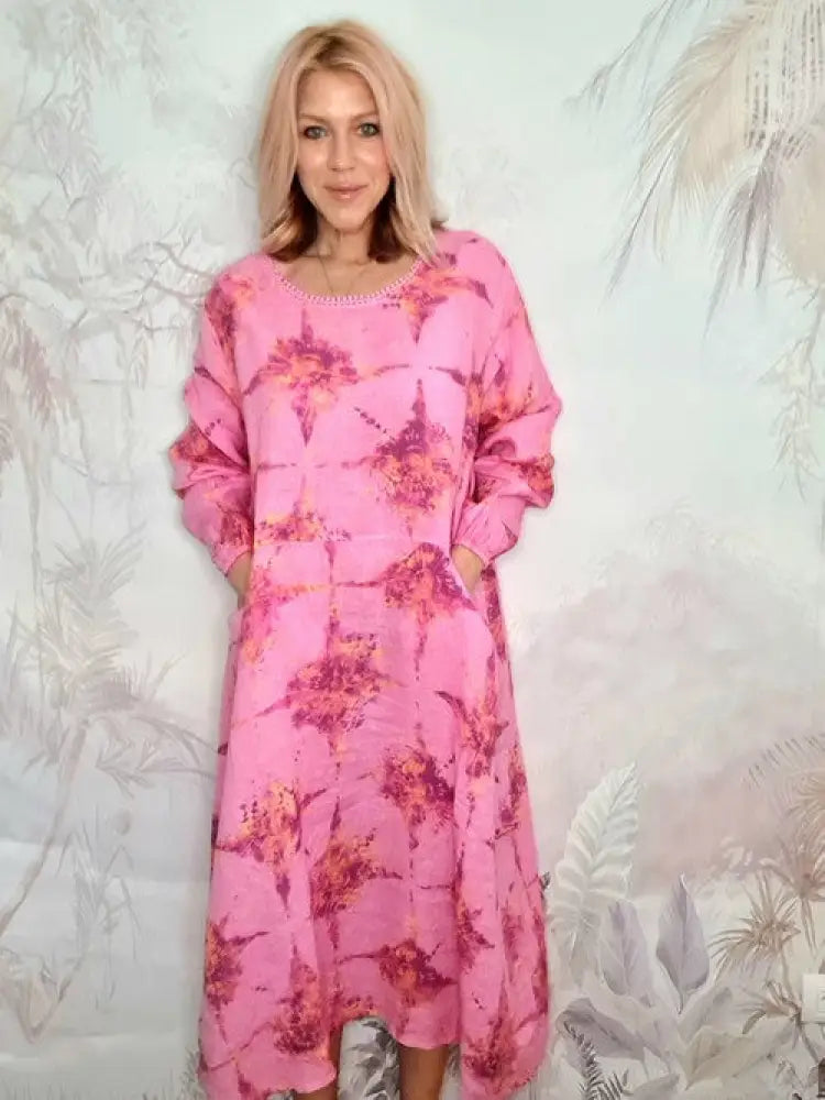 Italian Linen - BUBBLEGUM TIE DYE ZOE MAXI DRESS Italian Dress