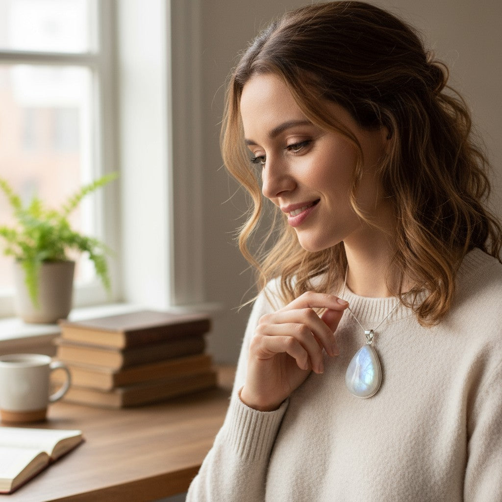 Rainbow Moonstone Oval Silver Pendant