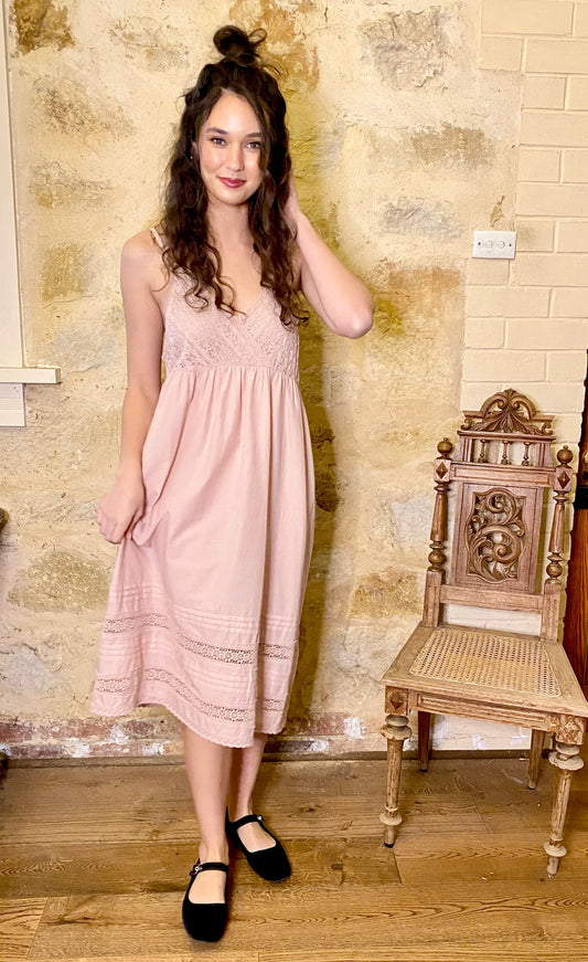 Blossomtime cotton & lace slip dress. Dusty Rose