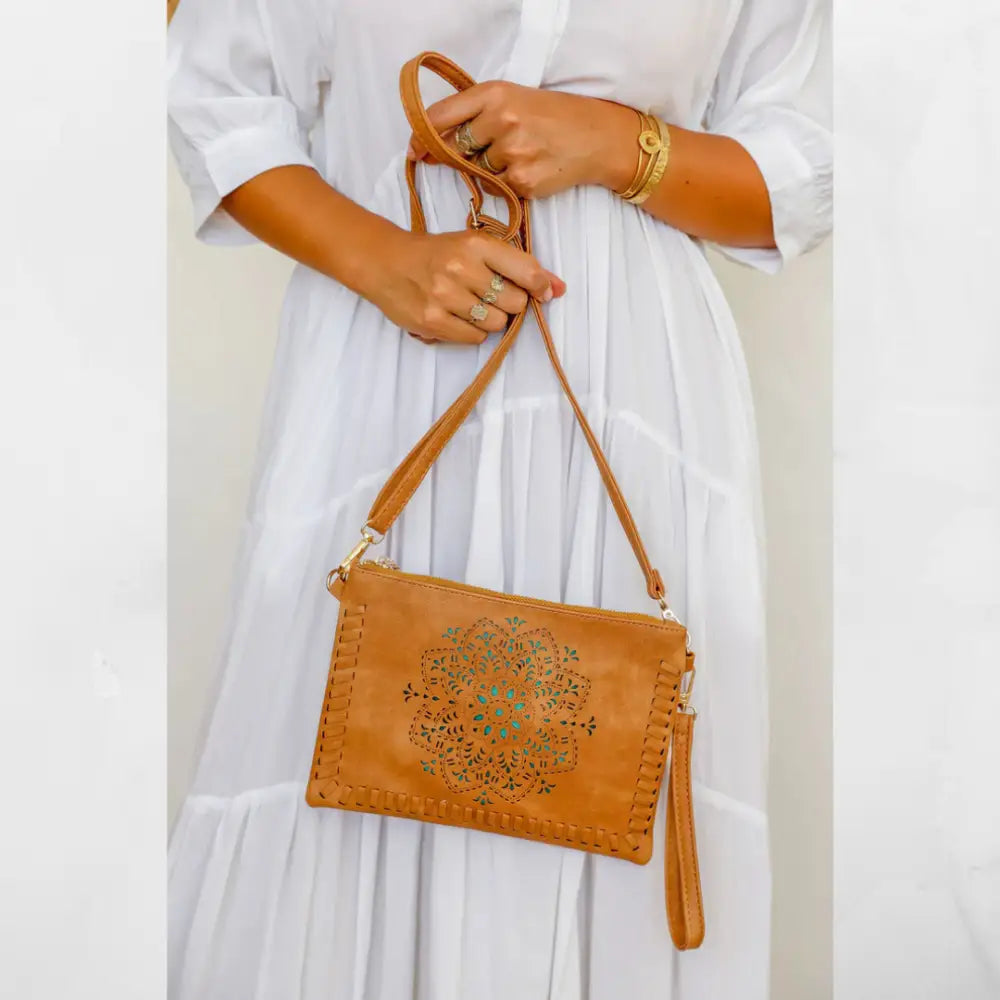 Mandala Vegan Clutch Purse/Cross Shoulder Handbag Bohemian Free Spirit Tan & Turquoise clutch bag