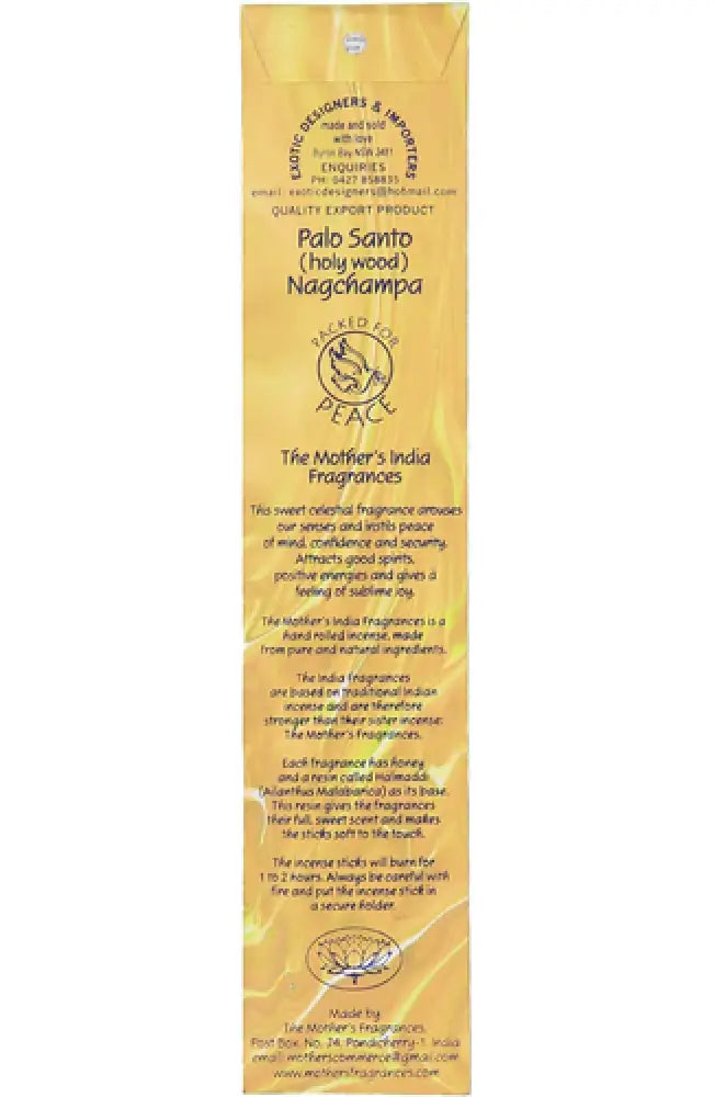 Mothers India Incense - PALO SANTO Nag Champa incense sticks