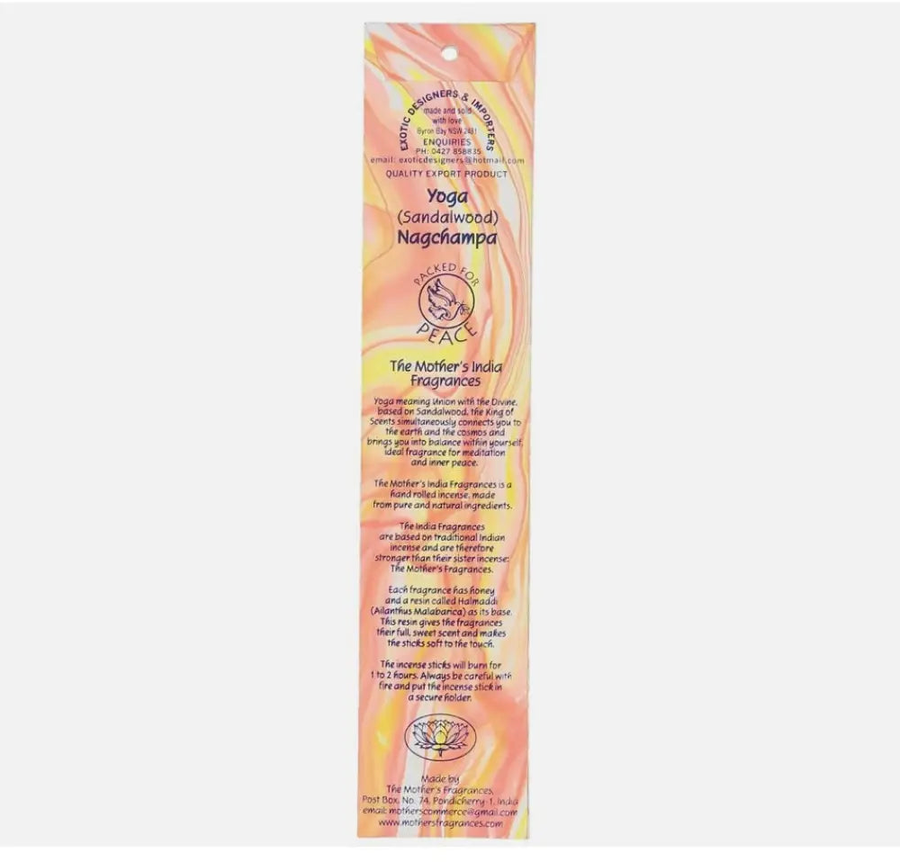 Mothers India Incense - Yoga SANDALWOOD Nag Champa incense sticks