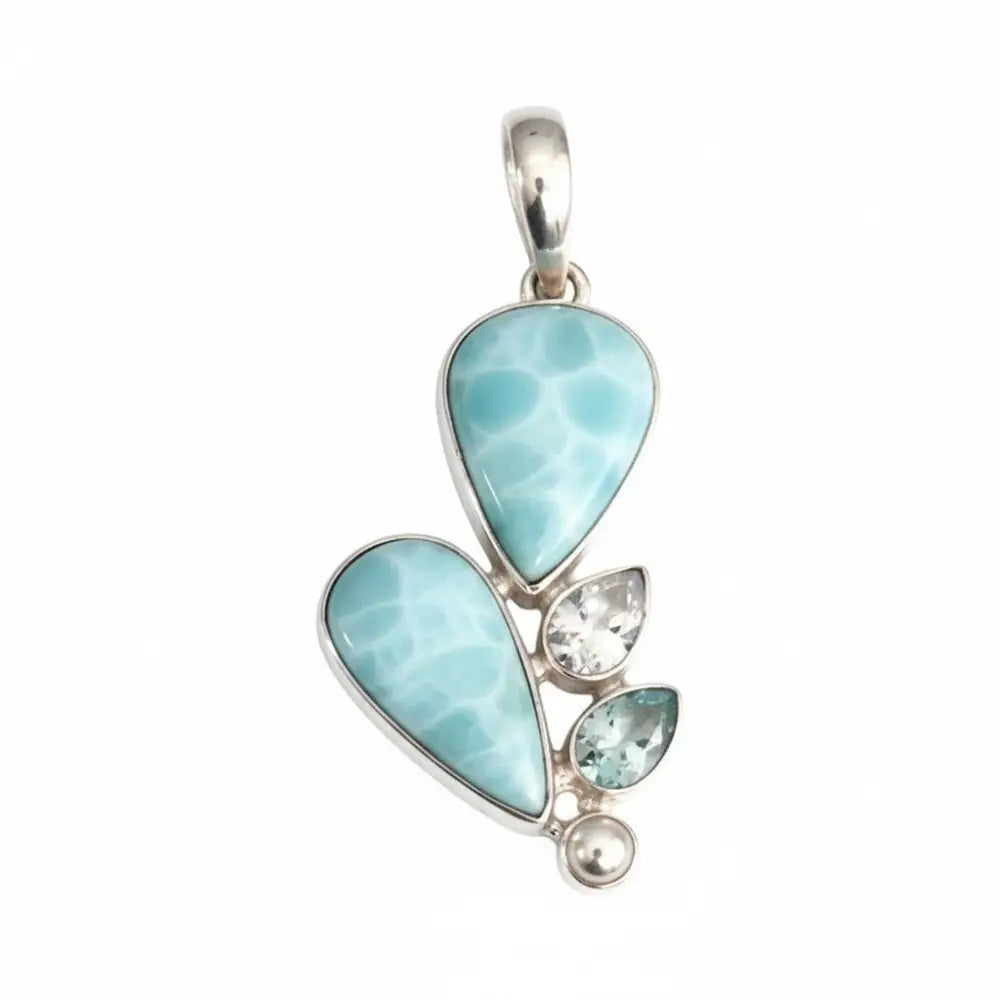 Multi Larimar Clear Quartz Blue Topaz and Biwa Pearl Pendant SS