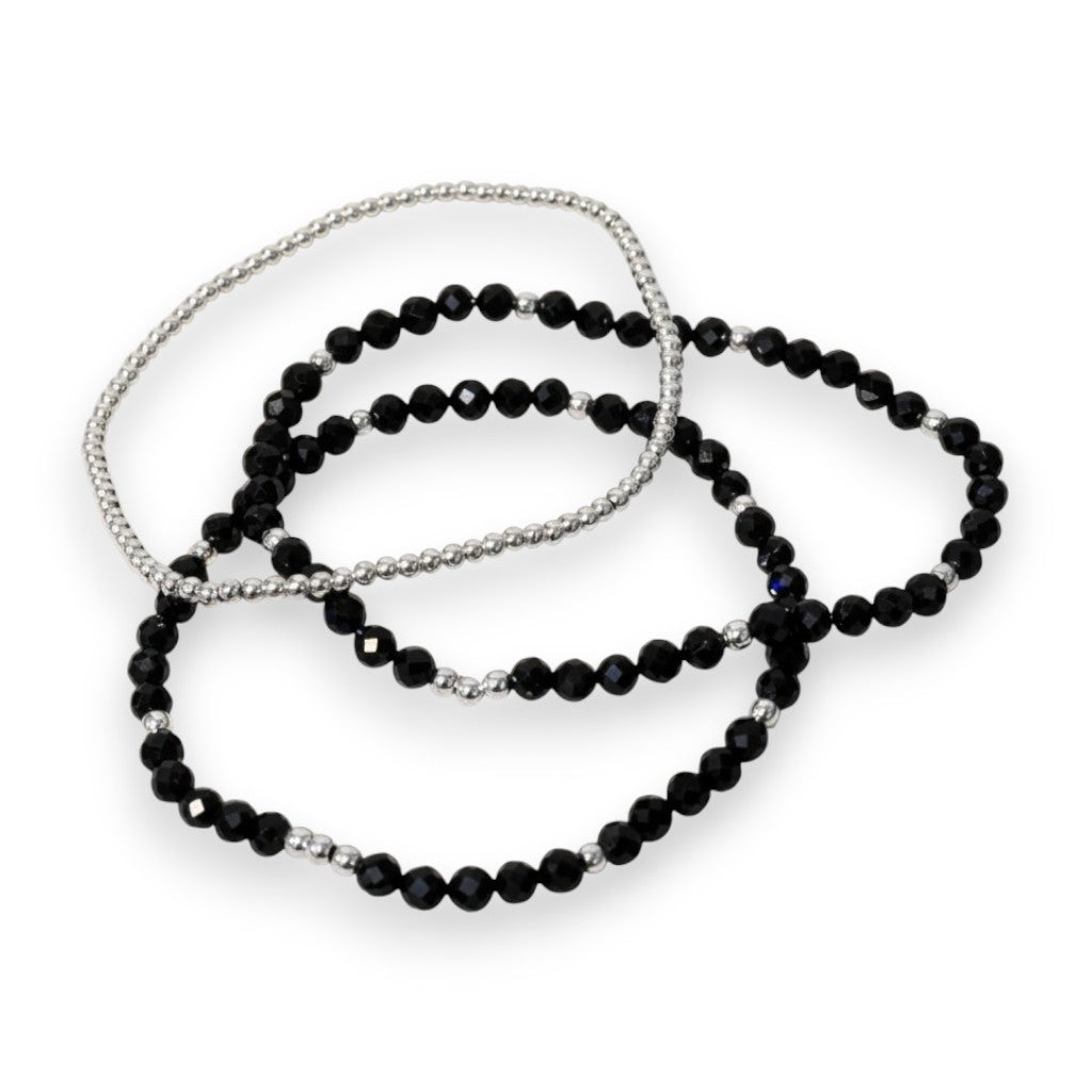 Trio Bracelet Set - Black Tourmaline & Silver - Protection & Grounding