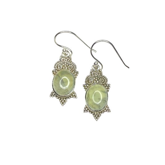 Prehnite Hair Persian Goddess Silver Earrings