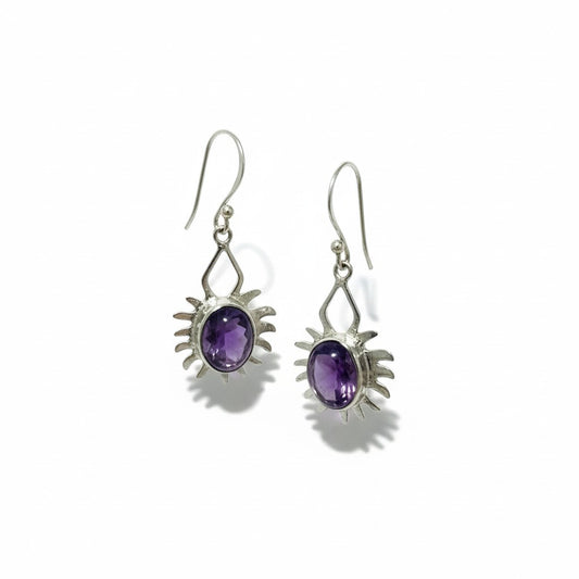 Amethyst Silver Earrings Egyptian Sun
