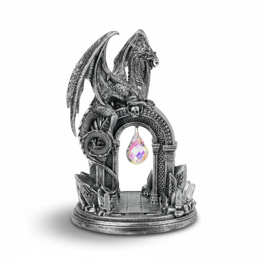 Black Dragon on Celtic Archway Door with Hanging Crystal