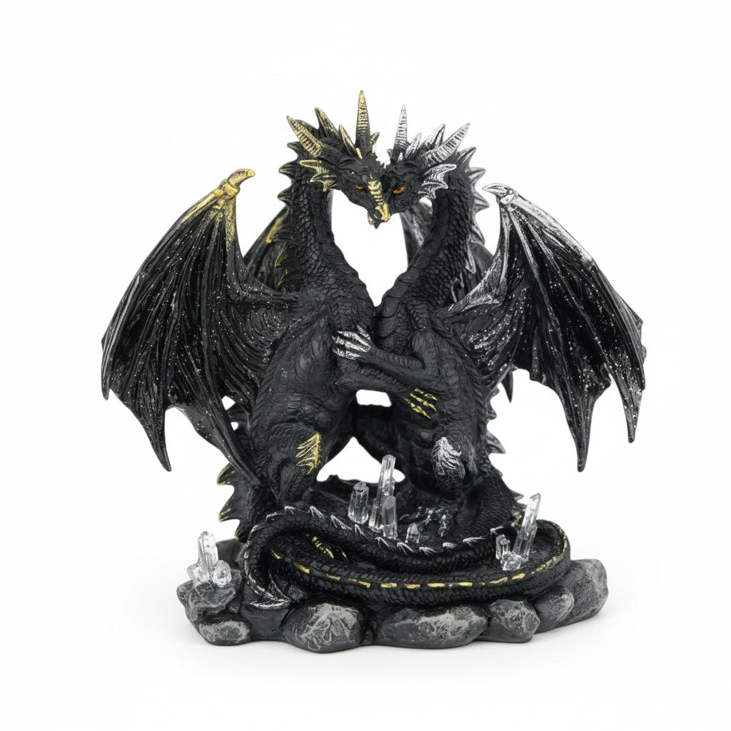 20cm Twin Black Lover Dragons on Crystal Rock
