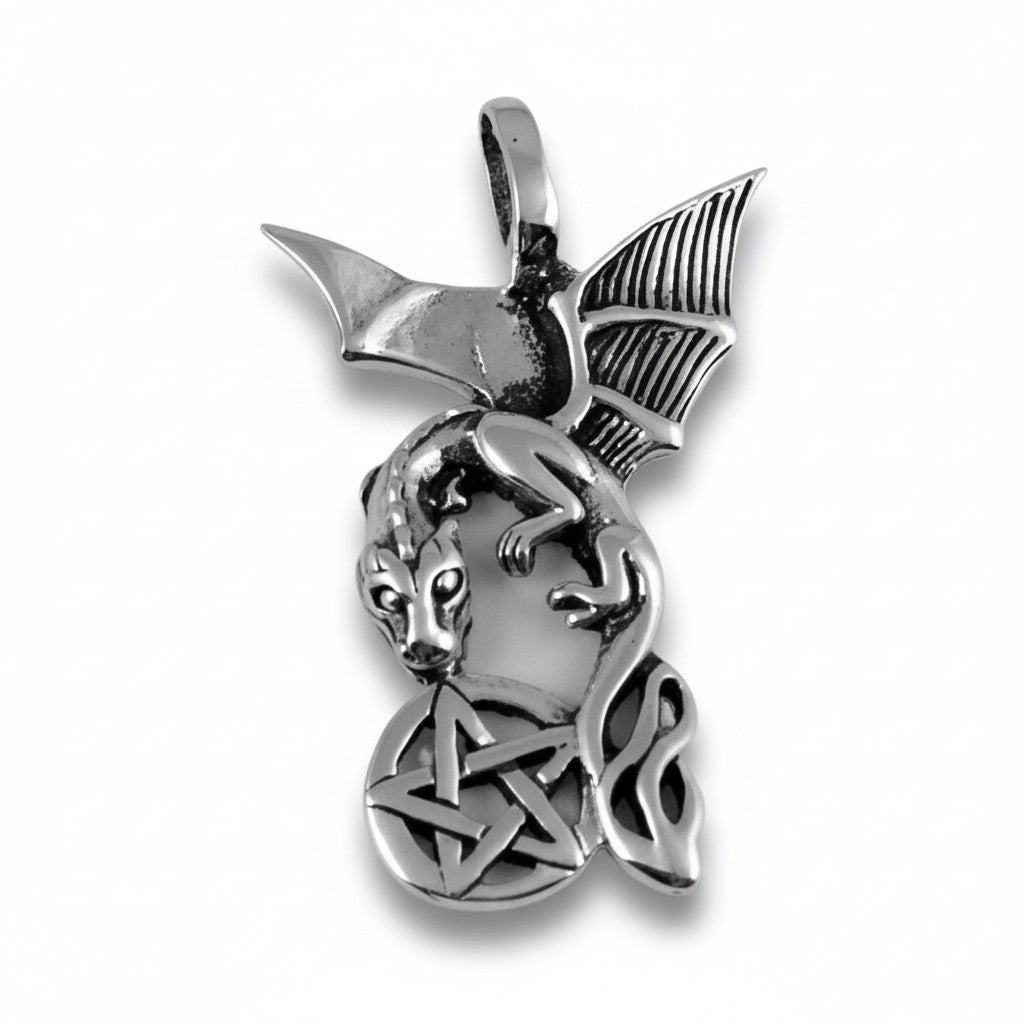 Pentagram Dragon Silver Pendant 50mm