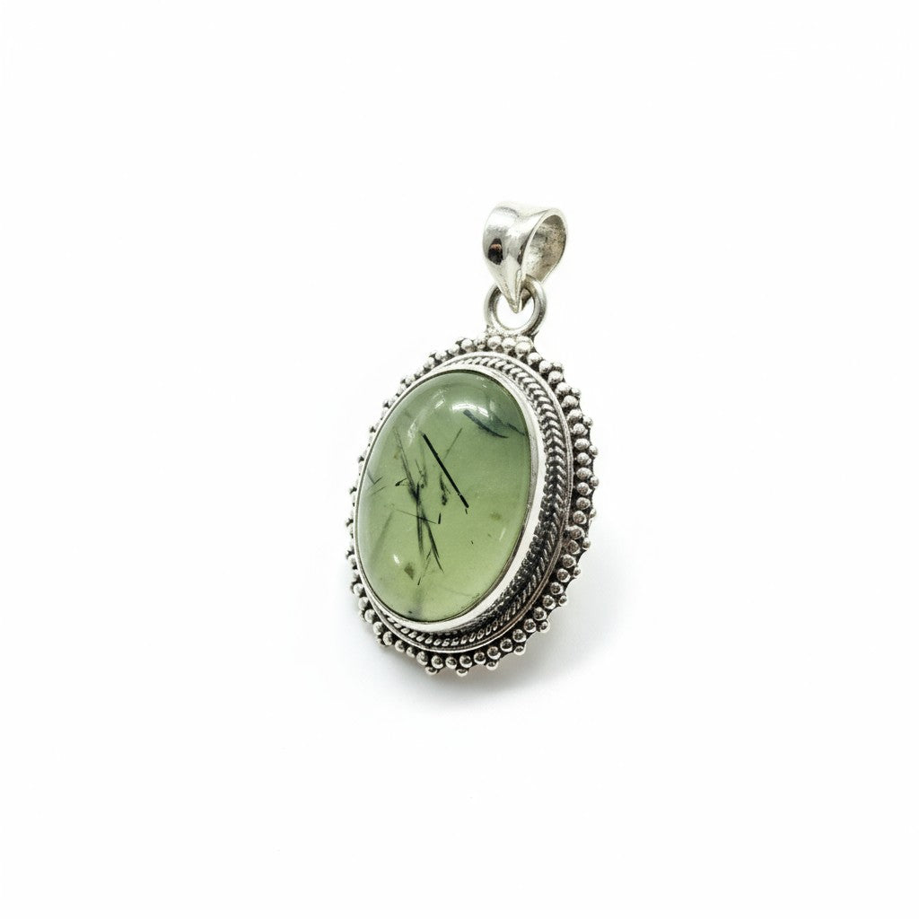 Prehnite Hair Filagree Oval Silver Pendant