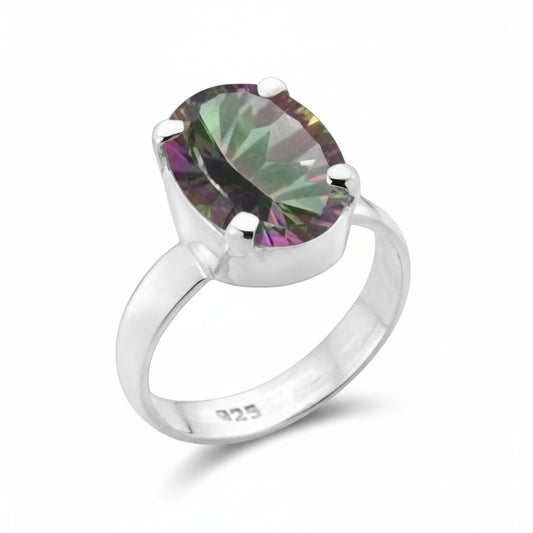 Mystic Quartz Faceted Oval Claw Set Ring in Silver