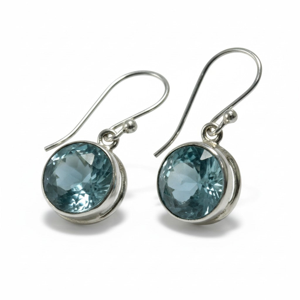 Blue Topaz Faceted Round Silver Earrings