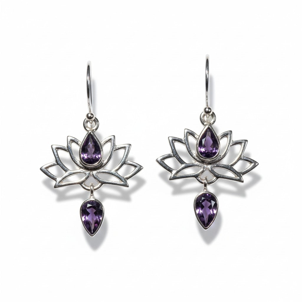 Amethyst Lotus Earrings in Silver