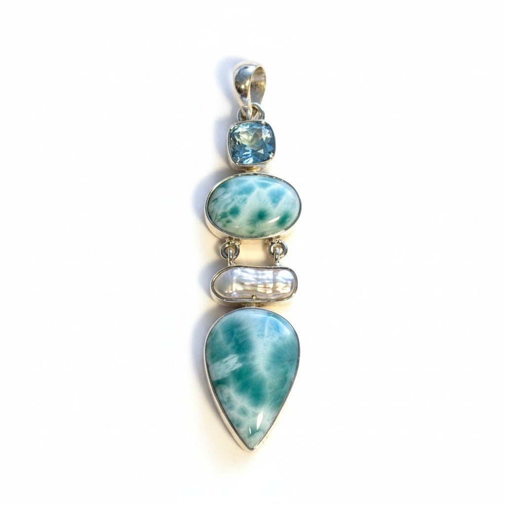 Larimar, Biwa Pearl and Blue Topaz Pendant