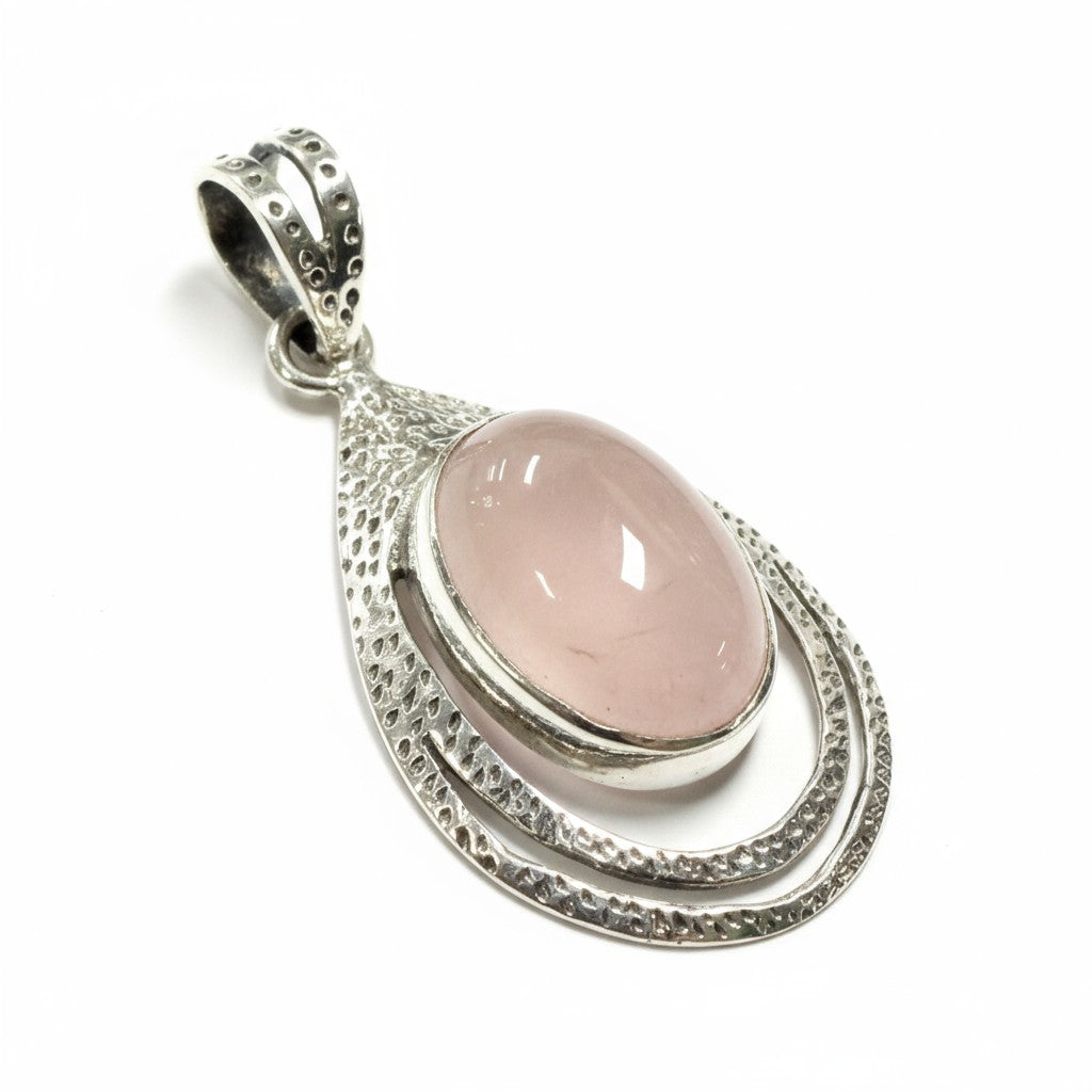 Rose Quartz Hammered Silver Oval Pendant