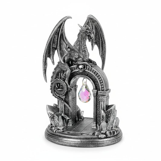 Black Dragon on Celtic Archway Door with Hanging Crystal