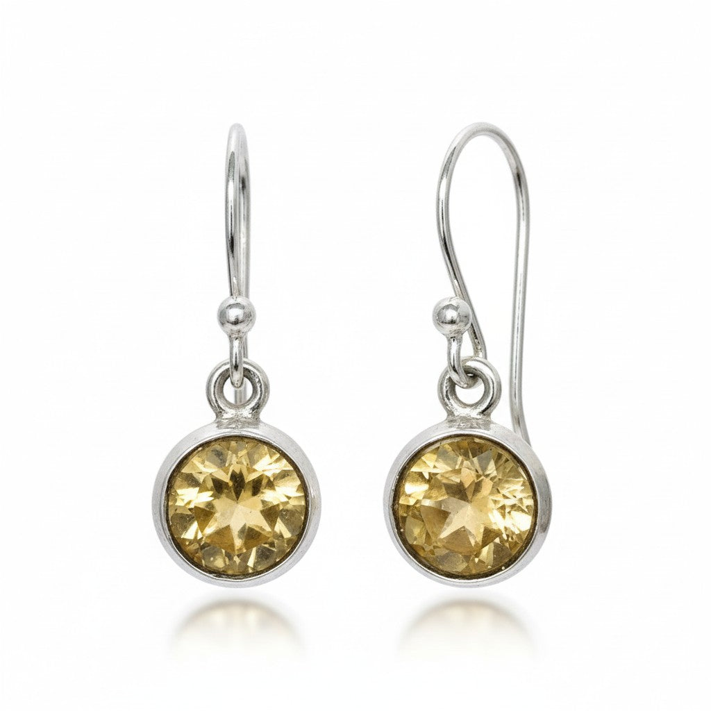 Citrine Faceted Round Silver Earrings