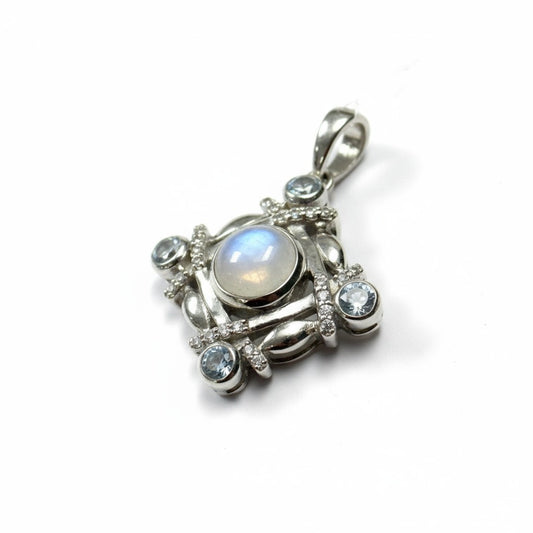 Rainbow Moonstone and Aquamarine Celtic Knot Silver Pendant