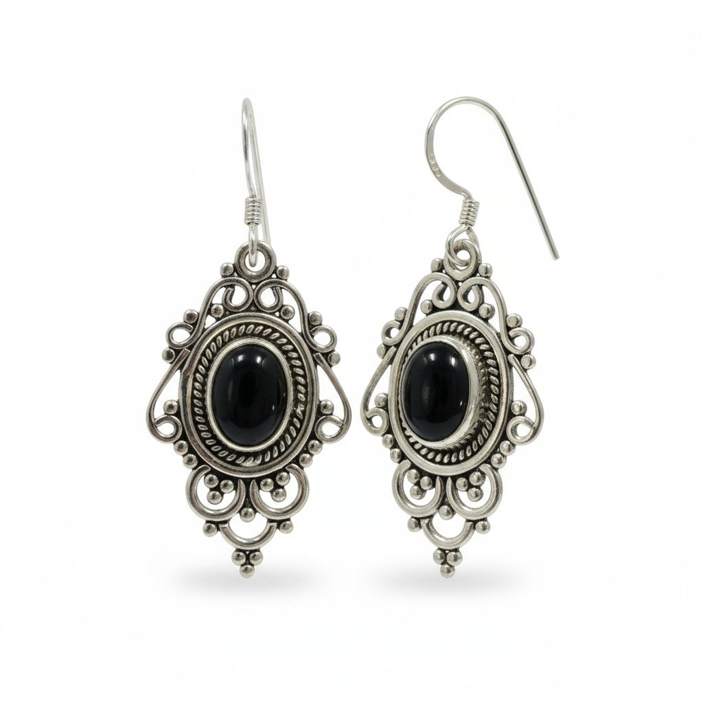 Black Obsidian Isis Silver Earrings